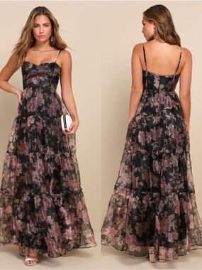 LULU'S Exclusive Glamour Black Floral Organza Tiered Maxi Dress